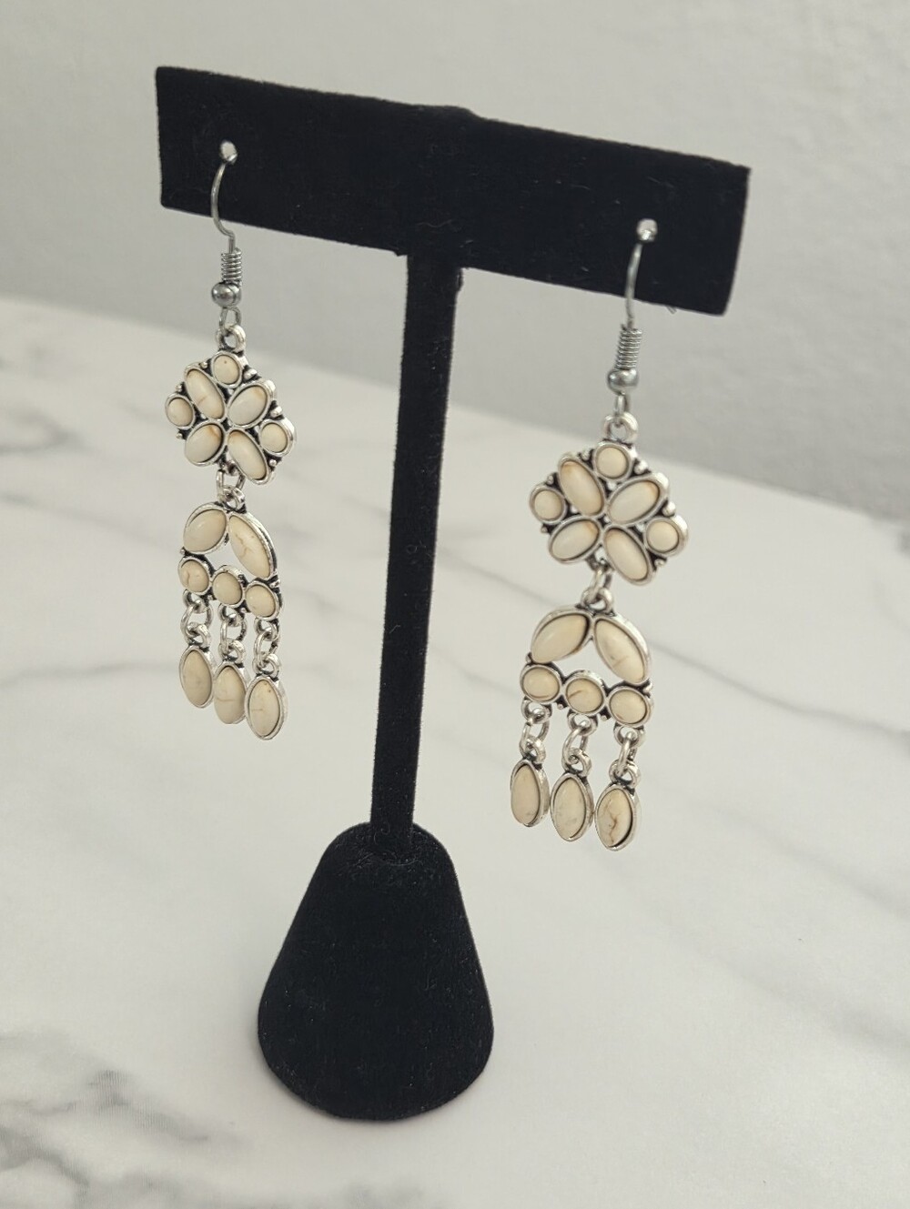 Paparazzi White Stone Chandelier Statement Earrings Silver Tone Boho - Picture 9 of 12